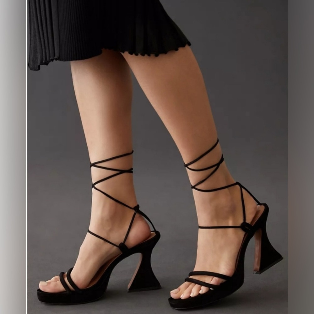 Vicenza for‎ Anthropologie Black Suede Strappy Platform Sandals Heels Women's 10